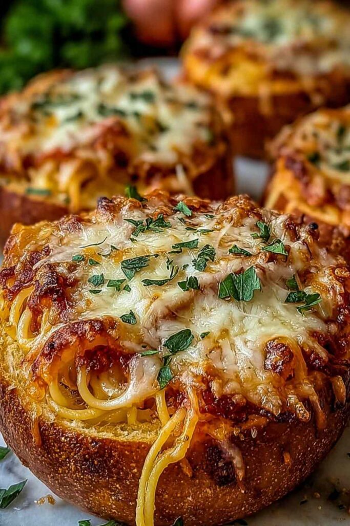 Spaghetti Garlic Bread in baking dish with melted cheese and golden top