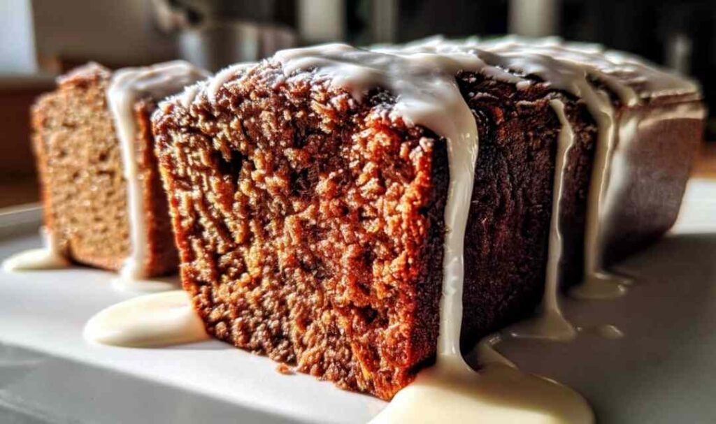 Sliced spiced gingerbread loaf with vanilla glaze drizzled on top on white serving plate