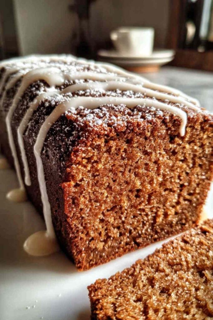 Sliced spiced gingerbread loaf with vanilla glaze drizzled on top on white serving plate