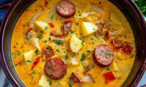 Bowl of Cajun potato soup with andouille sausage and cheddar cheese