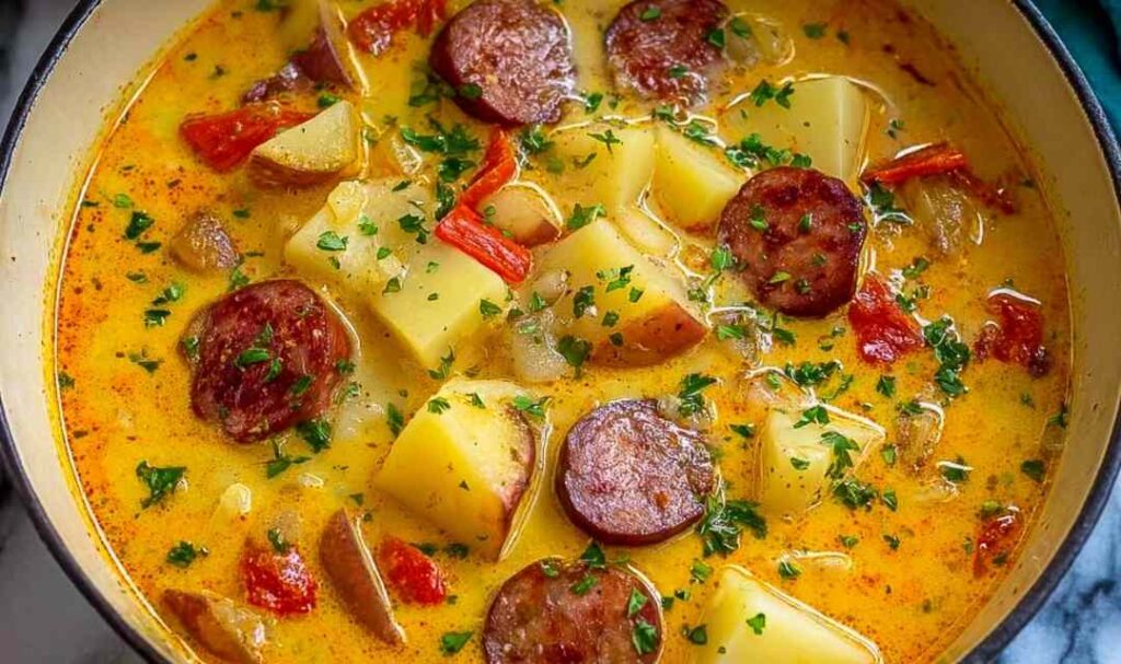 Bowl of Cajun potato soup with andouille sausage and cheddar cheese