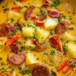 Bowl of Cajun potato soup with andouille sausage and cheddar cheese