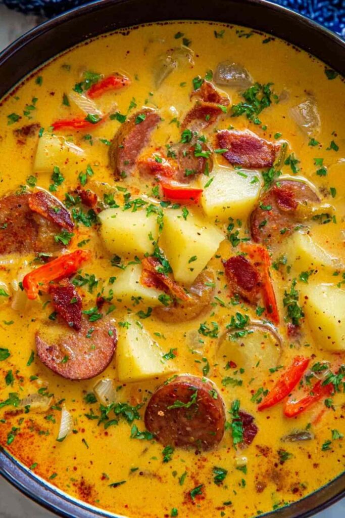 Bowl of Cajun potato soup with andouille sausage and cheddar cheese