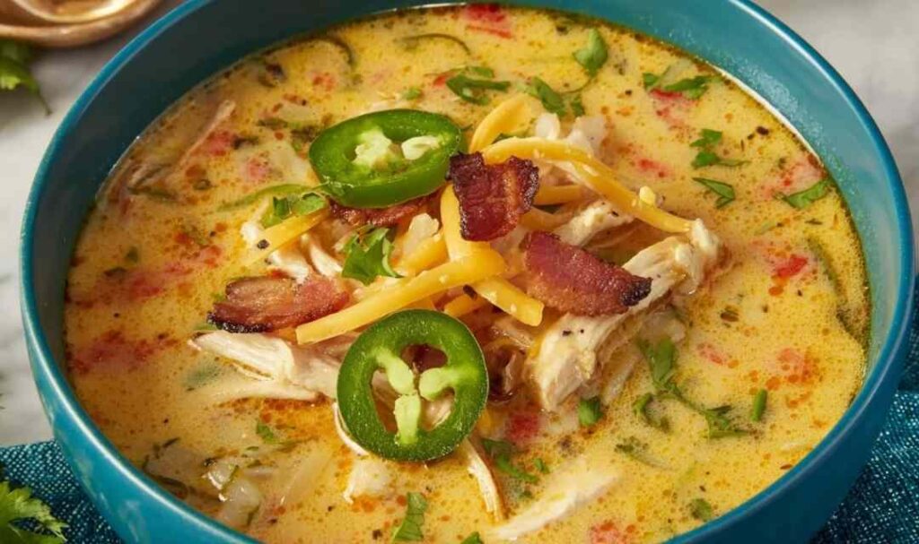 Bowl of Spicy Jalapeno Popper Chicken Soup topped with sour cream and fresh jalapeno slices