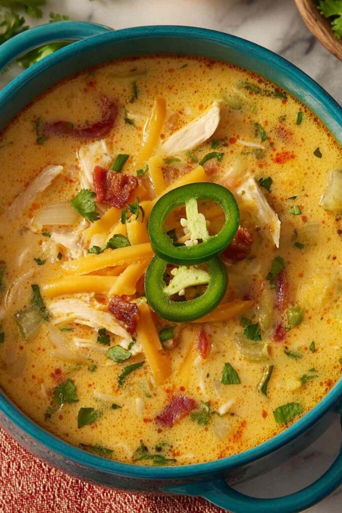 Bowl of Spicy Jalapeno Popper Chicken Soup topped with sour cream and fresh jalapeno slices