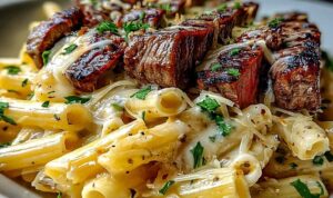 Steak and Creamy Garlic Parmesan Pasta in a skillet with tender beef cubes and fettuccine