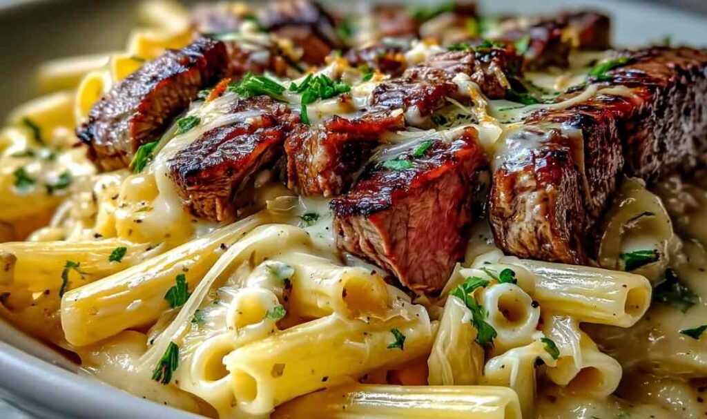 Steak and Creamy Garlic Parmesan Pasta in a skillet with tender beef cubes and fettuccine