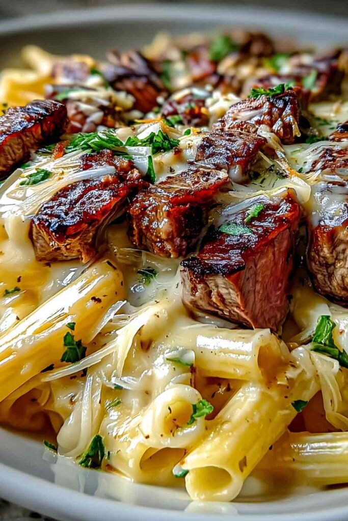 Steak and Creamy Garlic Parmesan Pasta in a skillet with tender beef cubes and fettuccine