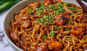 Sticky garlic chicken noodles in a white bowl with sesame seeds and green onions on top