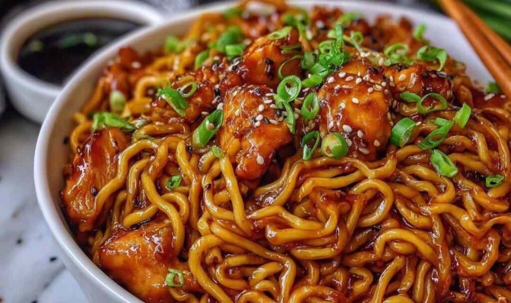 Sticky garlic chicken noodles in a white bowl with sesame seeds and green onions on top
