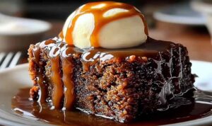 Sticky toffee pudding on white plate drizzled with warm toffee sauce