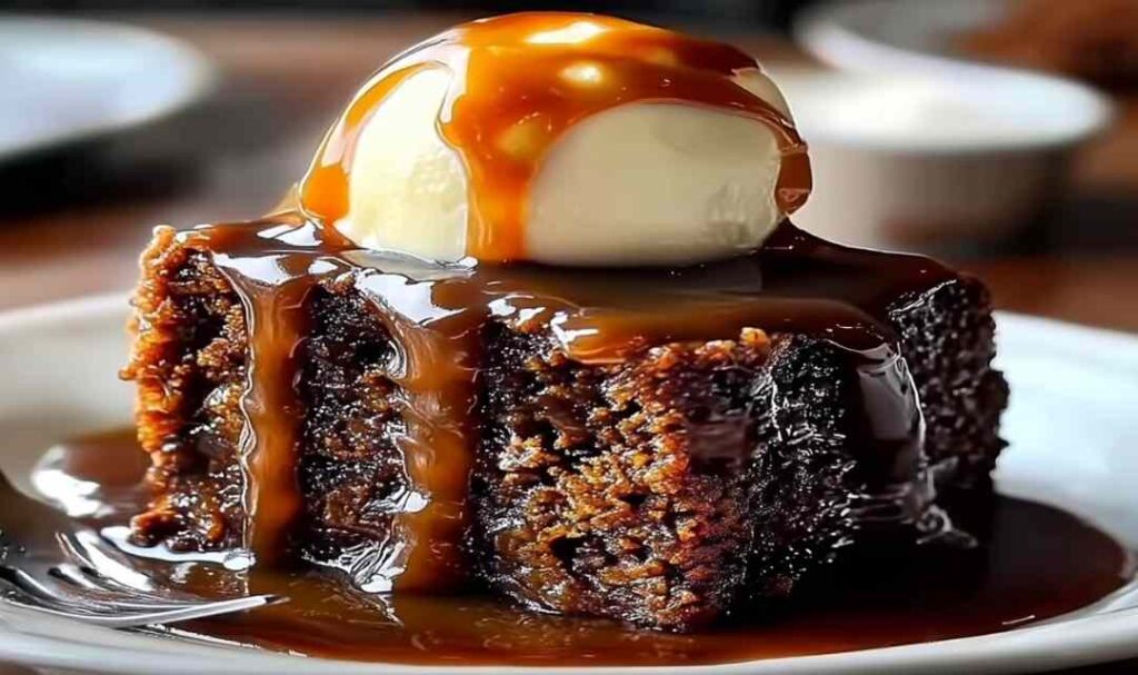 Sticky toffee pudding on white plate drizzled with warm toffee sauce