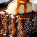 Sticky toffee pudding on white plate drizzled with warm toffee sauce