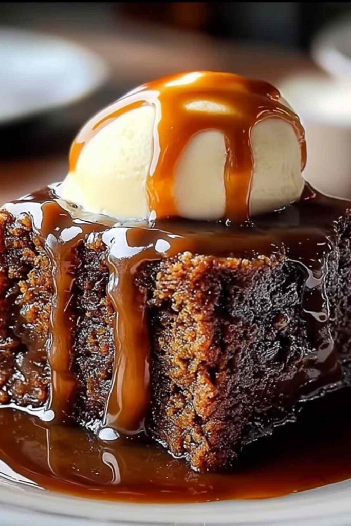 Sticky toffee pudding on white plate drizzled with warm toffee sauce