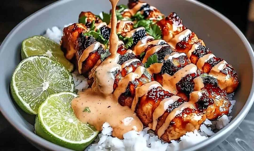 Sweet Chili Chicken Bowl with coconut lime drizzle served in white bowl with fresh vegetables and quinoa