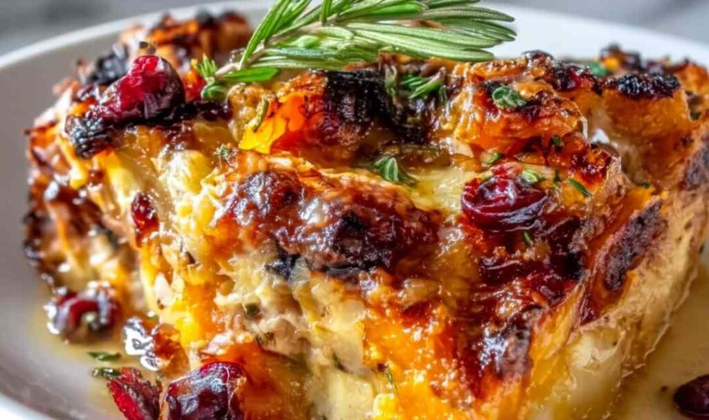 Sweet Potato Cranberry Gratin in baking dish with golden cheese crust and cranberries