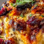 Sweet Potato Cranberry Gratin in baking dish with golden cheese crust and cranberries
