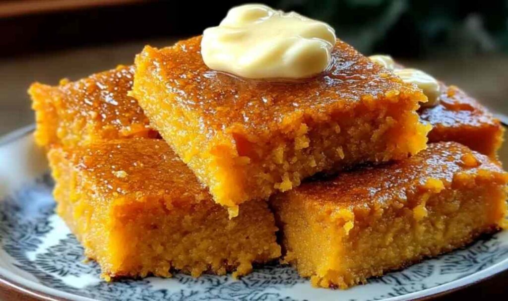 Sweet potato honey cornbread sliced in cast iron skillet with honey butter on top