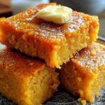 Sweet potato honey cornbread sliced in cast iron skillet with honey butter on top