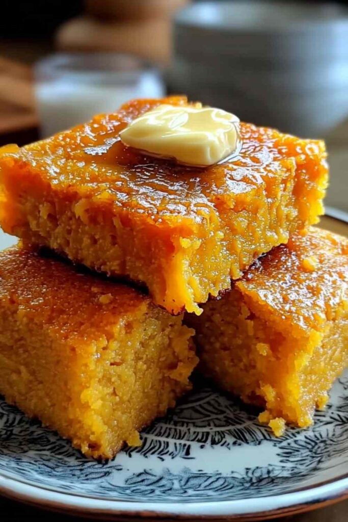 Sweet potato honey cornbread sliced in cast iron skillet with honey butter on top