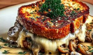 Swiss mushroom melt sandwich with caramelized onions and melted cheese on sourdough bread