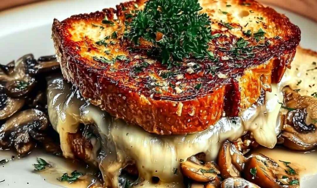 Swiss mushroom melt sandwich with caramelized onions and melted cheese on sourdough bread