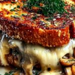 Swiss mushroom melt sandwich with caramelized onions and melted cheese on sourdough bread