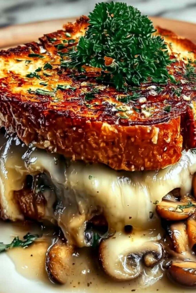 Swiss mushroom melt sandwich with caramelized onions and melted cheese on sourdough bread