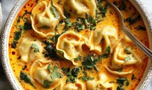 Thai Coconut Curry Dumpling Soup in white bowl garnished with cilantro and scallions