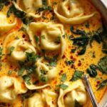 Thai Coconut Curry Dumpling Soup in white bowl garnished with cilantro and scallions