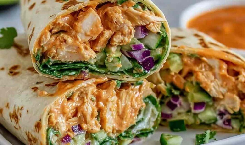 BBQ Grilled Chicken Wraps cut in half showing grilled chicken strips with BBQ sauce, fresh vegetables, and ranch dressing wrapped in flour tortilla