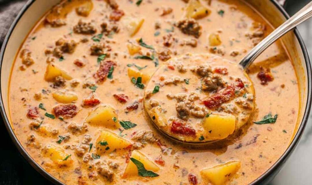 Tuscan sausage potato soup in white bowl with kale and parmesan cheese