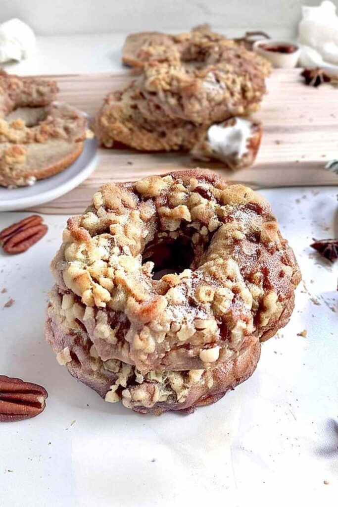 Vegan apple pecan streusel bagels on a white plate with pecan topping and apple filling