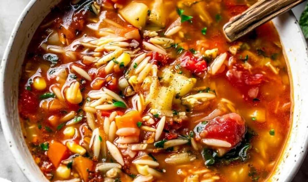 Vegetable Orzo Soup 5 Vegetable orzo soup in white bowl with fresh parsley and parmesan cheese