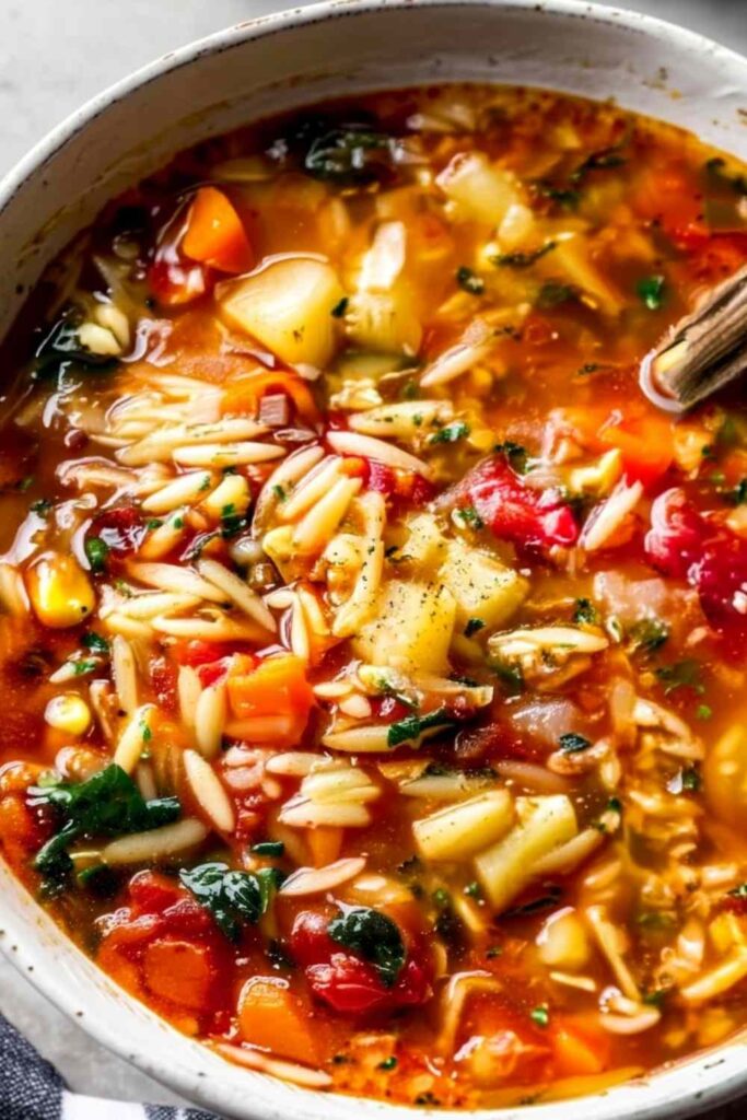 Vegetable Orzo Soup 6 Vegetable orzo soup in white bowl with fresh parsley and parmesan cheese