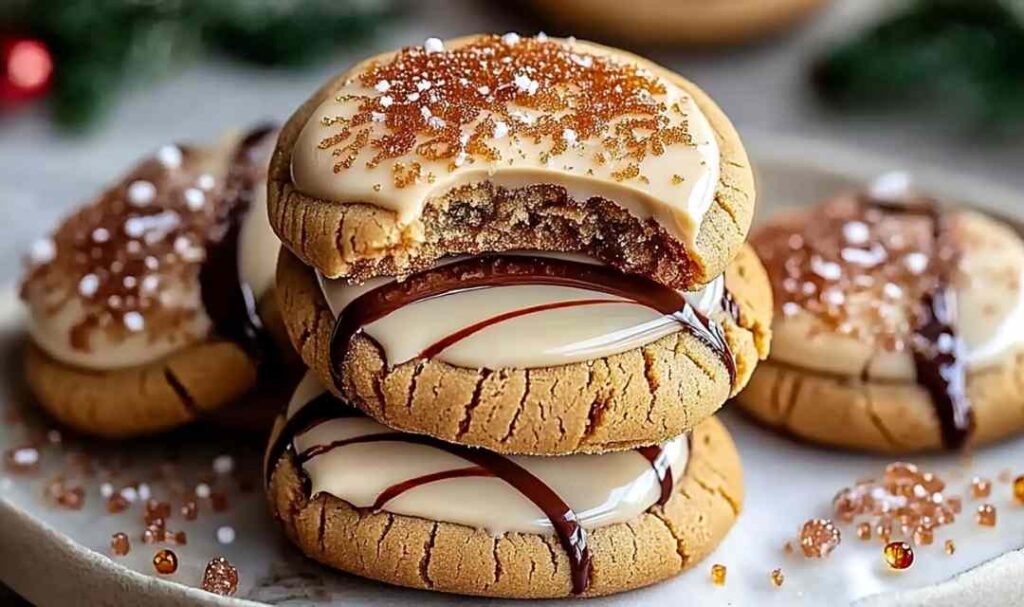 White Chocolate Dipped Chewy Maple Cookies on cooling rack with half dipped in white chocolate