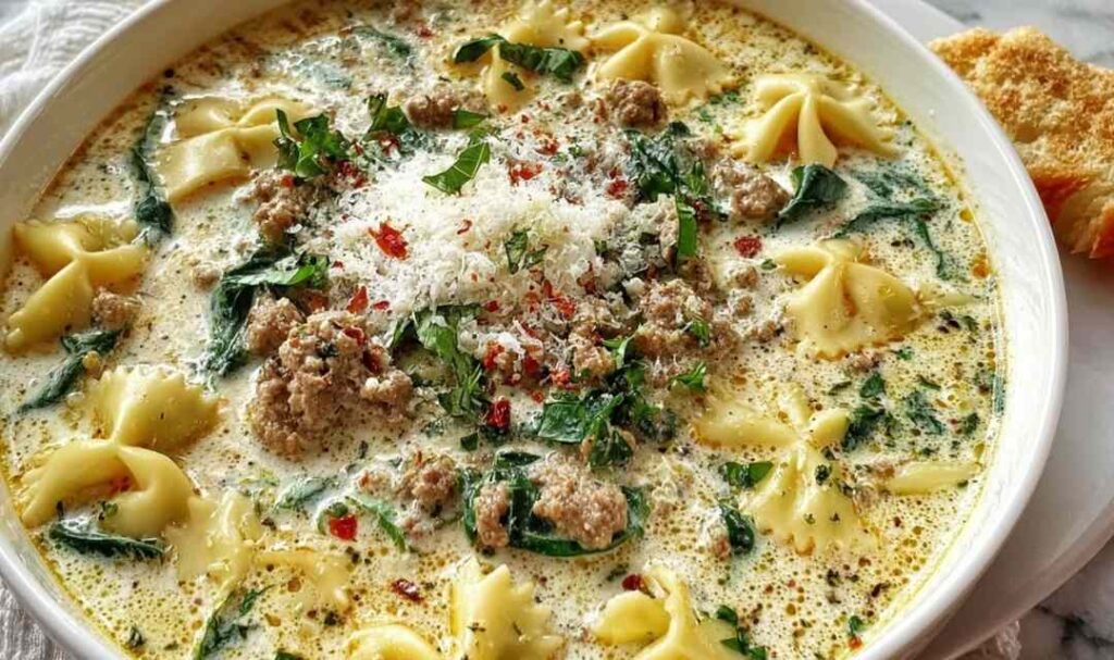 Bowl of white lasagna soup with melted mozzarella cheese and fresh parsley garnish