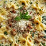 Bowl of white lasagna soup with melted mozzarella cheese and fresh parsley garnish