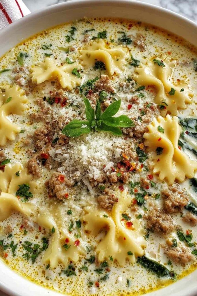 Bowl of white lasagna soup with melted mozzarella cheese and fresh parsley garnish