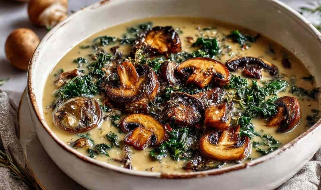 Wild Mushroom Caramelized Onion and Kale Soup