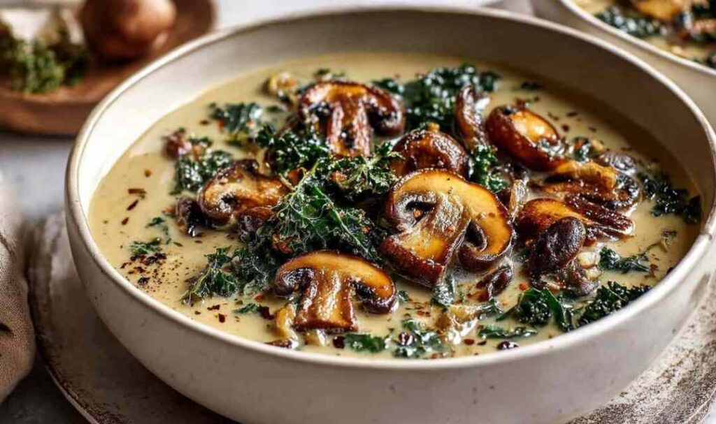 Wild mushroom caramelized onion kale soup in white bowl with fresh herbs