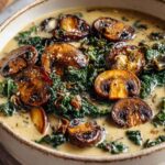 Wild mushroom caramelized onion kale soup in white bowl with fresh herbs