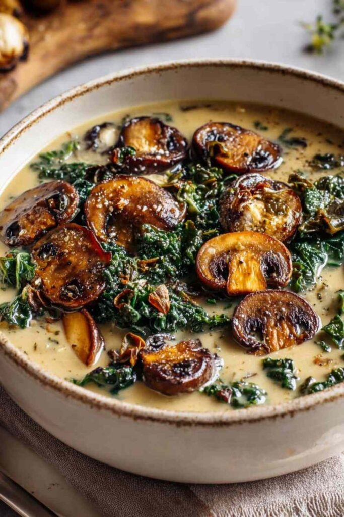 Wild mushroom caramelized onion kale soup in white bowl with fresh herbs