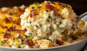 Angel Chicken and Rice Casserole in a white baking dish with melted golden cheddar cheese on top