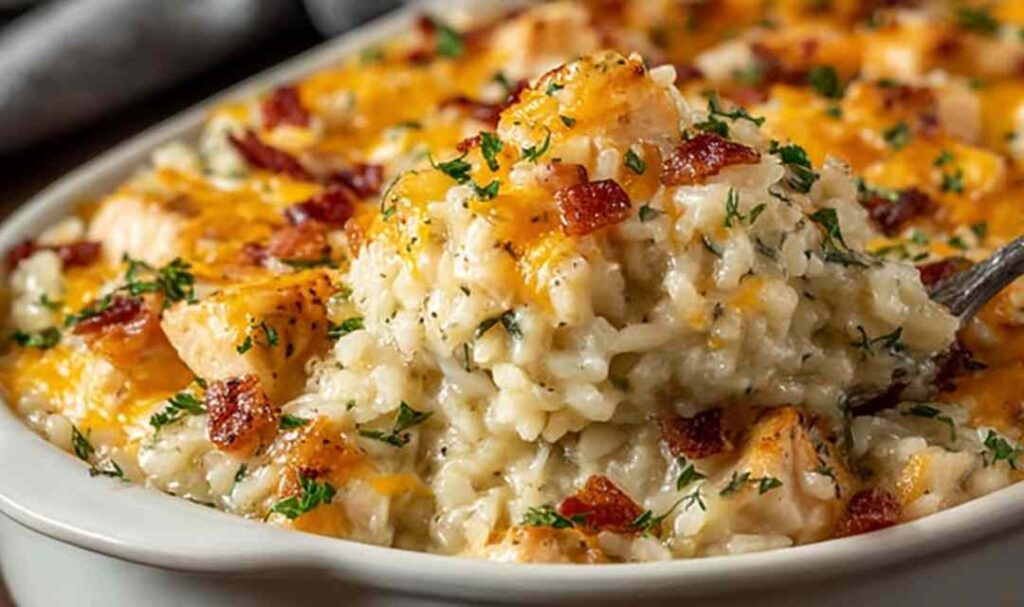 Angel Chicken and Rice Casserole in a white baking dish with melted golden cheddar cheese on top