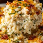 Angel Chicken and Rice Casserole in a white baking dish with melted golden cheddar cheese on top