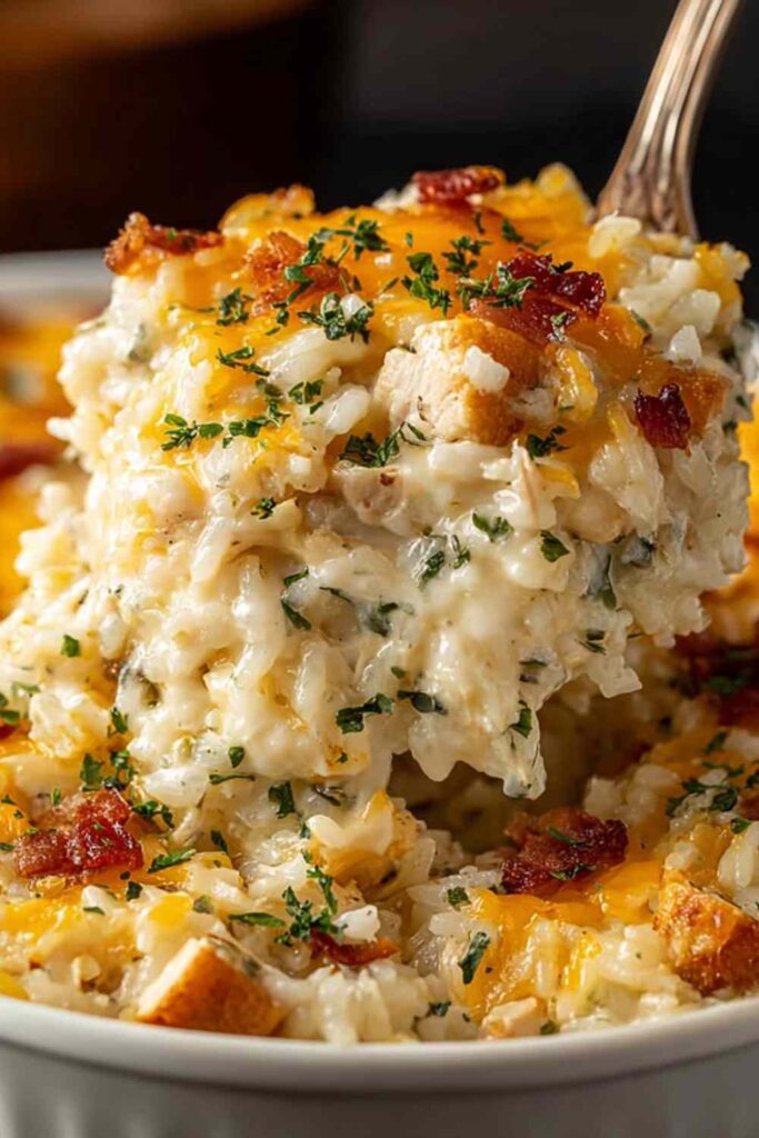 Angel Chicken and Rice Casserole in a white baking dish with melted golden cheddar cheese on top
