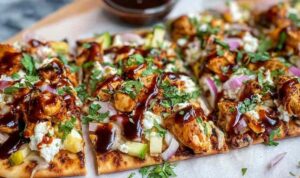 BBQ chicken flatbread with melted cheese and cilantro on white plate