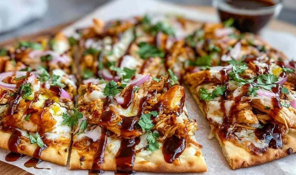 BBQ chicken flatbread with melted cheese and cilantro on white plate