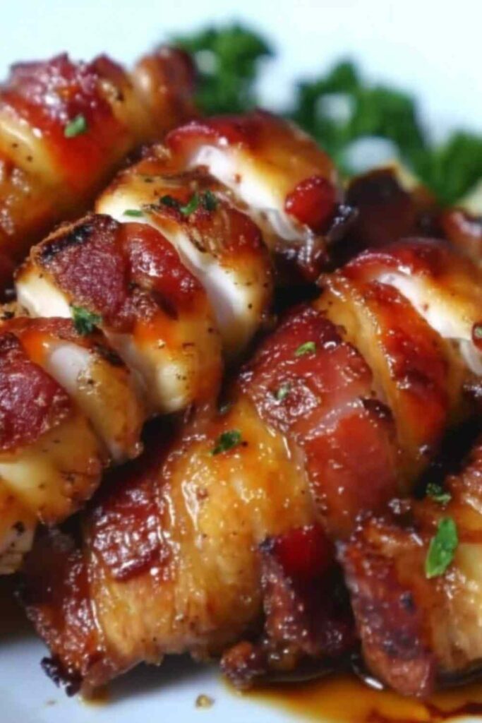 Bacon Brown Sugar Chicken Tenders on white plate with caramelized glaze
